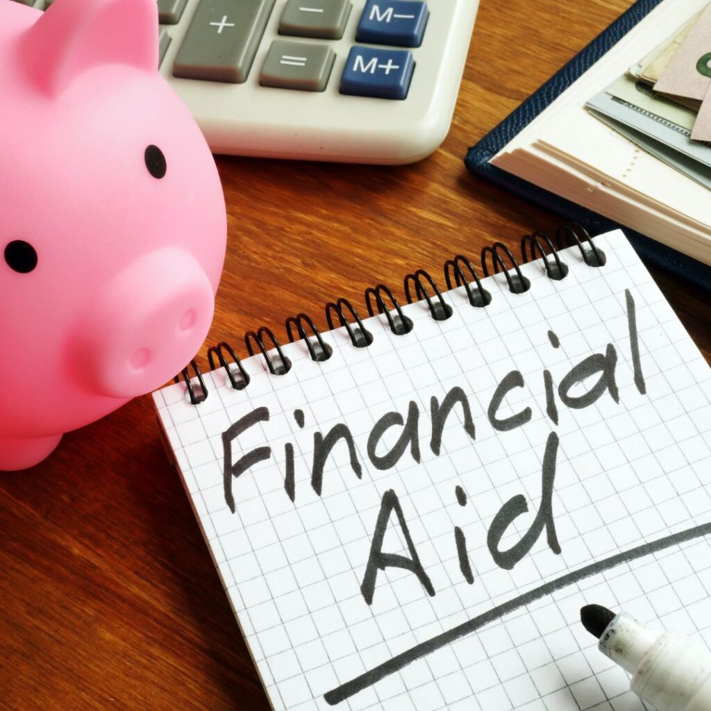 pink pig next to notebook that says financial aid