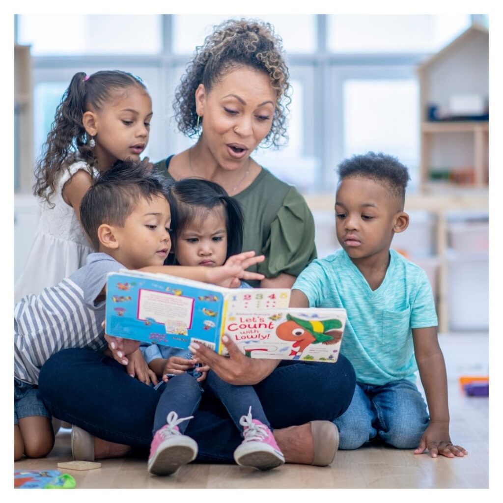 Teacher reading a book to attentive preschool children